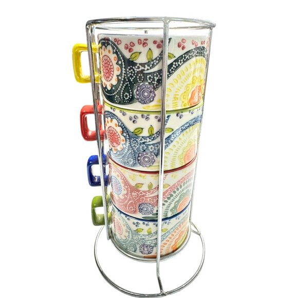 Pier 1 Imports Colorful Ceramic Stackable Coffee Mug Set With Metal Stand - Picture 3 of 7